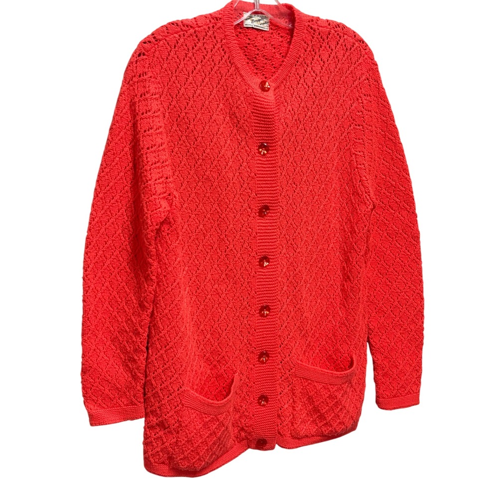 Boepple Sportswear Vintage Red Knit Cardigan Diamond Lattice Pocket Sweater